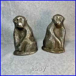 Pair Vintage Heavy Silver Cast Iron Monkey Chimpanzee Bookends Doorstop Statue