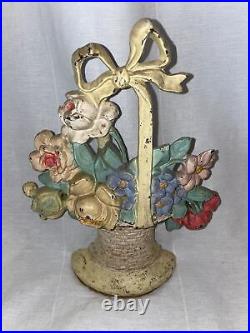 RARE Antique HUBLEY Basket Flowers Cast Iron Doorstop 11 521 524