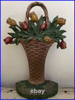 RARE Antique Hubley Cast Iron Floral Basket of Tulips Doorstop RARE Antique Hubley Cast Iron Floral Basket of Tulips Doorstop