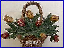 RARE Antique Hubley Cast Iron Floral Basket of Tulips Doorstop RARE Antique Hubley Cast Iron Floral Basket of Tulips Doorstop