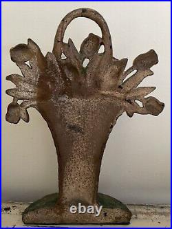 RARE Antique Hubley Cast Iron Floral Basket of Tulips Doorstop RARE Antique Hubley Cast Iron Floral Basket of Tulips Doorstop