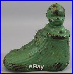 RARE Antique Solid Cast Iron Figural Doorstop, Baby Inside Shoe Booty, NR