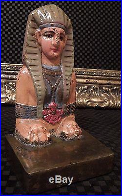 RARE Painted Egyptian Revival Sphinx Antique Art Deco Cast Iron Doorstop Littco