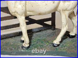 RARE vintage White HORSE at FENCE Stable Cast Iron DOORSTOP Orig. Paint Hubley
