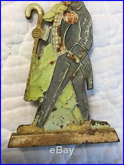 Rare Antique Art Deco Cast Iron HL Judd Doorstop Dapper Dan Man w Cane Old Paint