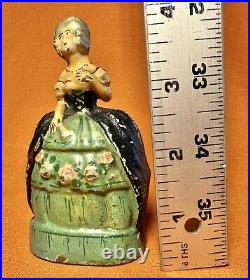 Rare Antique Cast Iron DOORSTOP COLONIAL WOMAN With Fan, Green & Black Ball Gown