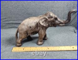 Rare Antique Cast Iron Elephant Door Stop Early 1900s Trunk Up Good Luck
