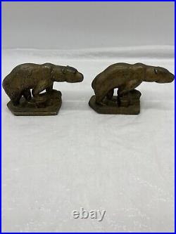 Rare Antique Hubley Bronze Plated Cast Iron Polar Bear Bookends Door Stops