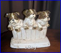 Rare Antique Hubley Bulldog Frenchie Boston Terrier Door Stop Puppies Cast Iron