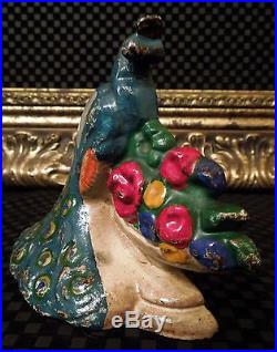 Rare Antique Peacock Bird Flower Urn Solid Figure Cast Iron Hubley Doorstop VTG