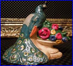Rare Antique Peacock Bird Flower Urn Solid Figure Cast Iron Hubley Doorstop VTG