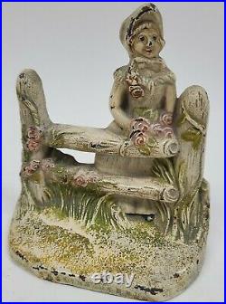 Rare Antique Victorian Girl with Flowers at Fence Cast Iron Doorstop Made in Italy