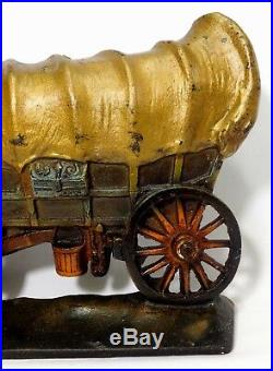 Rare Early 20th C Vint Large Conestoga Covered Wagon Painted Cast Iron Doorstop