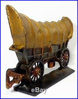 Rare Early 20th C Vint Large Conestoga Covered Wagon Painted Cast Iron Doorstop