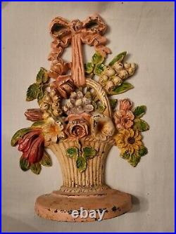 Rare Vintage Hubley Cast Iron Basket Of Flowers Doorstop #189 Orig Paint Nice
