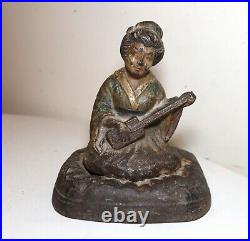 Rare antique Hubley cast iron Japanese girl instrument heavy figural doorstop