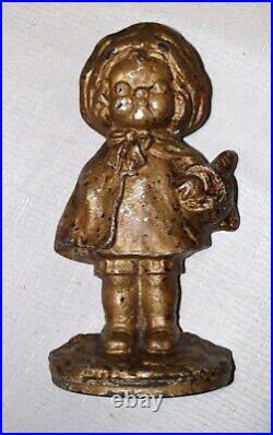 Rare antique late 1800's solid cast iron girl with basket heavy figural doorstop