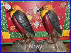Set Of Two Antique Cast Iron Hand Painted Heron Bird Door Stops Book Ends Rustic