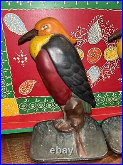 Set Of Two Antique Cast Iron Hand Painted Heron Bird Door Stops Book Ends Rustic