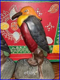 Set Of Two Antique Cast Iron Hand Painted Heron Bird Door Stops Book Ends Rustic