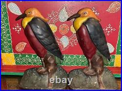 Set Of Two Antique Cast Iron Hand Painted Heron Bird Door Stops Book Ends Rustic