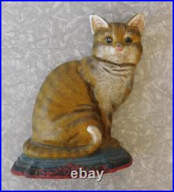 Tabby Cat Doorstop Cast Iron 11 Yellow Ginger Striped Painted Vtg Shabby Chic