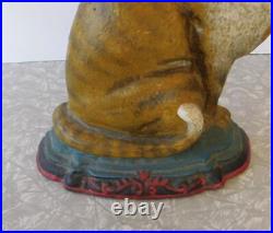 Tabby Cat Doorstop Cast Iron 11 Yellow Ginger Striped Painted Vtg Shabby Chic