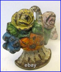 Unusual Antique CAST IRON DOORSTOP POPPY FLOWERS ROSES Hubley Era