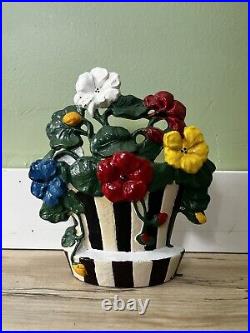 VINTAGE / ANTIQUE 1920s CAST IRON BLACK & WHITE FLOWER POT DOORSTOP