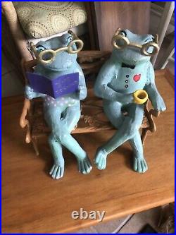 VIntage Cast Iron Frogs On A Bench & Chair Doorstop/Garden Art Painted Rare