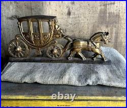 VTG 1930s Cast Iron Stagecoach Horse Doorstop Brass Finish Art Deco Farmhouse