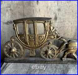 VTG 1930s Cast Iron Stagecoach Horse Doorstop Brass Finish Art Deco Farmhouse