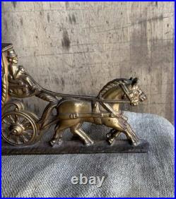 VTG 1930s Cast Iron Stagecoach Horse Doorstop Brass Finish Art Deco Farmhouse