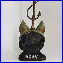 Victorian Solid Cast Brass Fox Head Whip Door Stop Porter Iron Base Antique