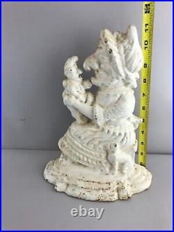 Vintage 11 Cast Iron Gnome Elf Mother Woman Sitting with Son Cat White Door Stop
