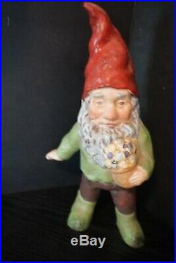 Vintage 13 Inch Cast Iron Lawn Gnome With Basket Of Flowers Doorstop Garden