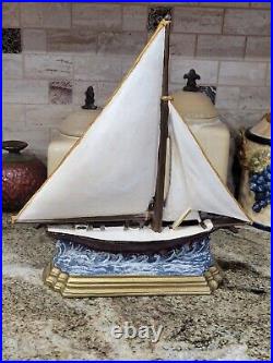 Vintage 1980s Painted Cast Iron Nautical Sailboat Decor Doorstop Heavy 14x13 Vintage 1980s Painted Cast Iron Nautical Sailboat Decor Doorstop Heavy 14x13