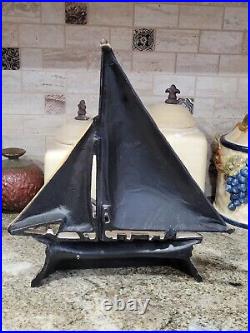Vintage 1980s Painted Cast Iron Nautical Sailboat Decor Doorstop Heavy 14x13 Vintage 1980s Painted Cast Iron Nautical Sailboat Decor Doorstop Heavy 14x13