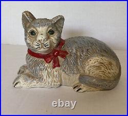 Vintage Antique Cast Iron Kitty Cat Laying Down Doorstop Heavy Bank