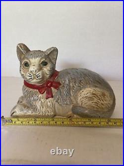 Vintage Antique Cast Iron Kitty Cat Laying Down Doorstop Heavy Bank