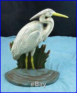 Vintage Antique Rare Cast Iron Painted Stork Egret Heron Willows Door Stop