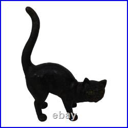 Vintage Black Cast Iron Cat Doorstop Arched Back Green Eyes Tail Molded Hair