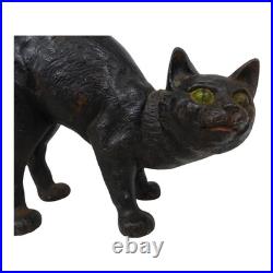 Vintage Black Cast Iron Cat Doorstop Arched Back Green Eyes Tail Molded Hair