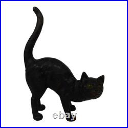 Vintage Black Cast Iron Cat Doorstop Arched Back Green Eyes Tail Molded Hair