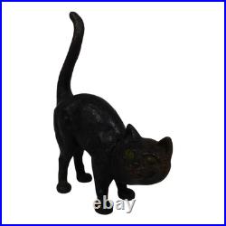 Vintage Black Cast Iron Cat Doorstop Arched Back Green Eyes Tail Molded Hair