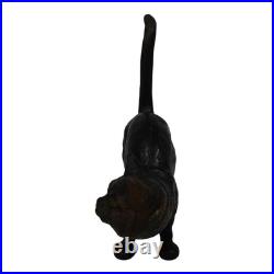 Vintage Black Cast Iron Cat Doorstop Arched Back Green Eyes Tail Molded Hair