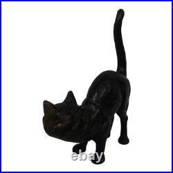 Vintage Black Cast Iron Cat Doorstop Arched Back Green Eyes Tail Molded Hair