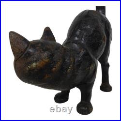 Vintage Black Cast Iron Cat Doorstop Arched Back Green Eyes Tail Molded Hair