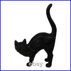 Vintage Black Cast Iron Cat Doorstop Arched Back Green Eyes Tail Molded Hair