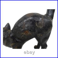 Vintage Black Cast Iron Cat Doorstop Arched Back Green Eyes Tail Molded Hair